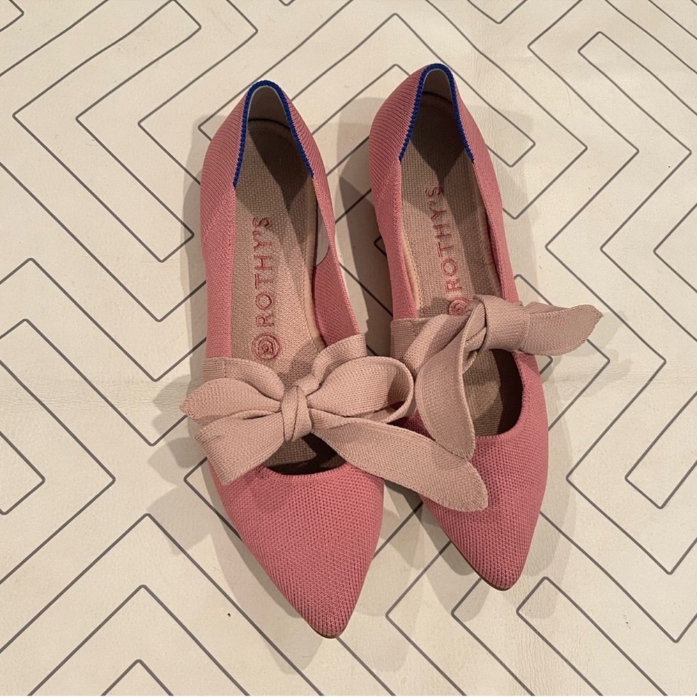 Rothy's The Point Bow Mary Jane Flats Pink and Tan Shoes Size 9 Good Used